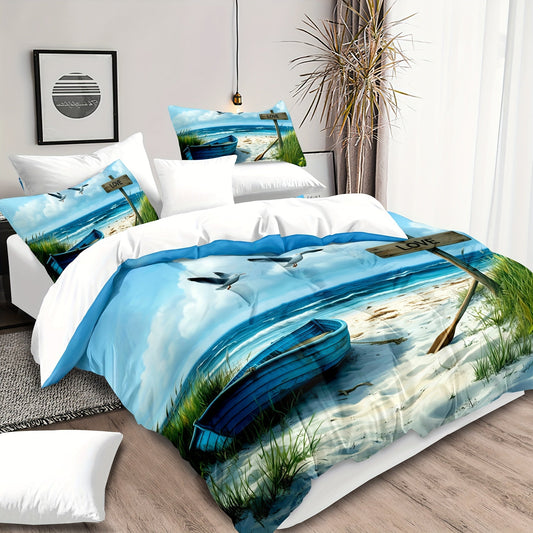 Housse De Couette Bord De Mer Avec Barque Bleue Et Plage