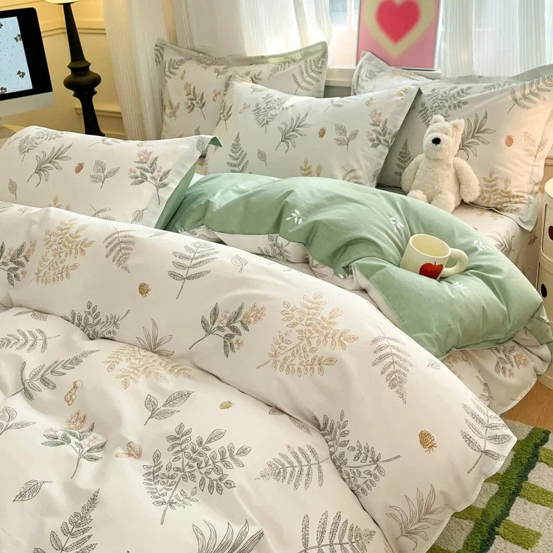 Housse De Couette Feuillage Beige Et Verte