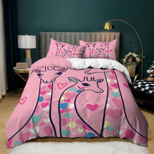 Housse De Couette Girafe sur fond Rose avec des Cœurs
