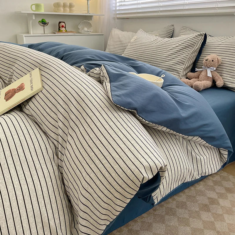 Housse De Couette Intemporelle Rayée Bleue