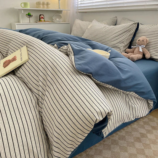Housse De Couette Intemporelle Rayée Bleue