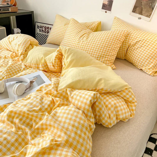 Housse De Couette Motif Vichy Jaune En Microfibre
