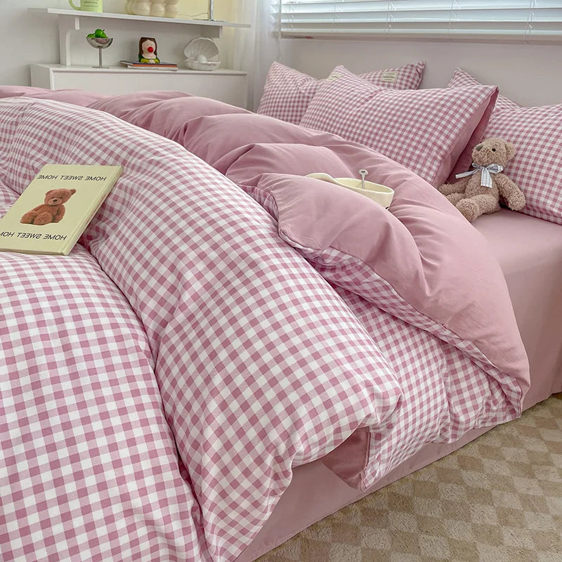 Housse De Couette Vichy Rose En Coton