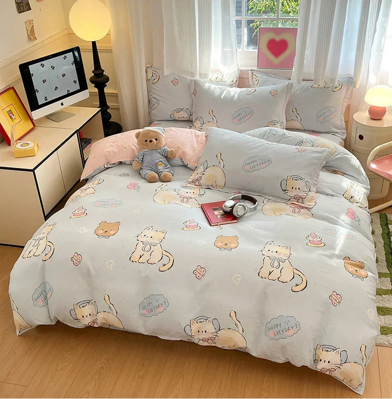 Housse de Couette Bleu et Chatons Mignon Enfant large