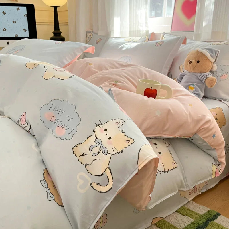 Housse de Couette Bleu et Chatons Mignon Enfant