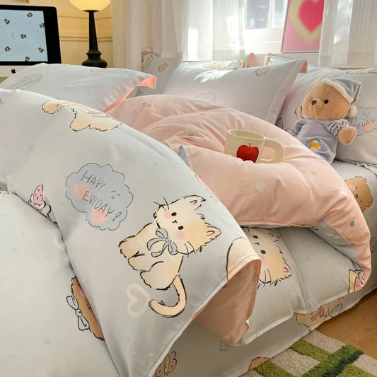 Housse de Couette Bleu et Chatons Mignon Enfant
