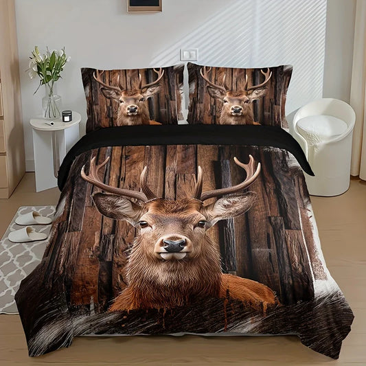 Housse de Couette Cerf Majestueux sur fond en bois de sapin