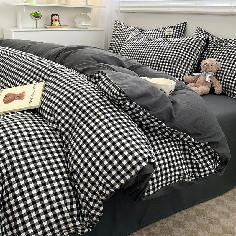 Housse de Couette Style Vichy Noire en Coton