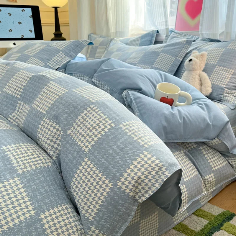 Housse de Couette Tartan Pied-de-Poule Bleue