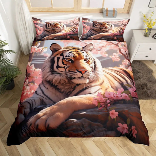 Housse de Couette Tigre Sakura qui dégage une force tranquille et la douceur des fleurs