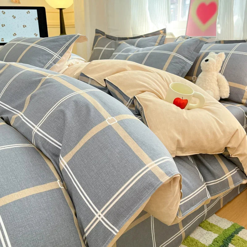 Housse de Couette à Carreaux Bleue Beige