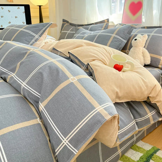 Housse de Couette à Carreaux Bleue Beige