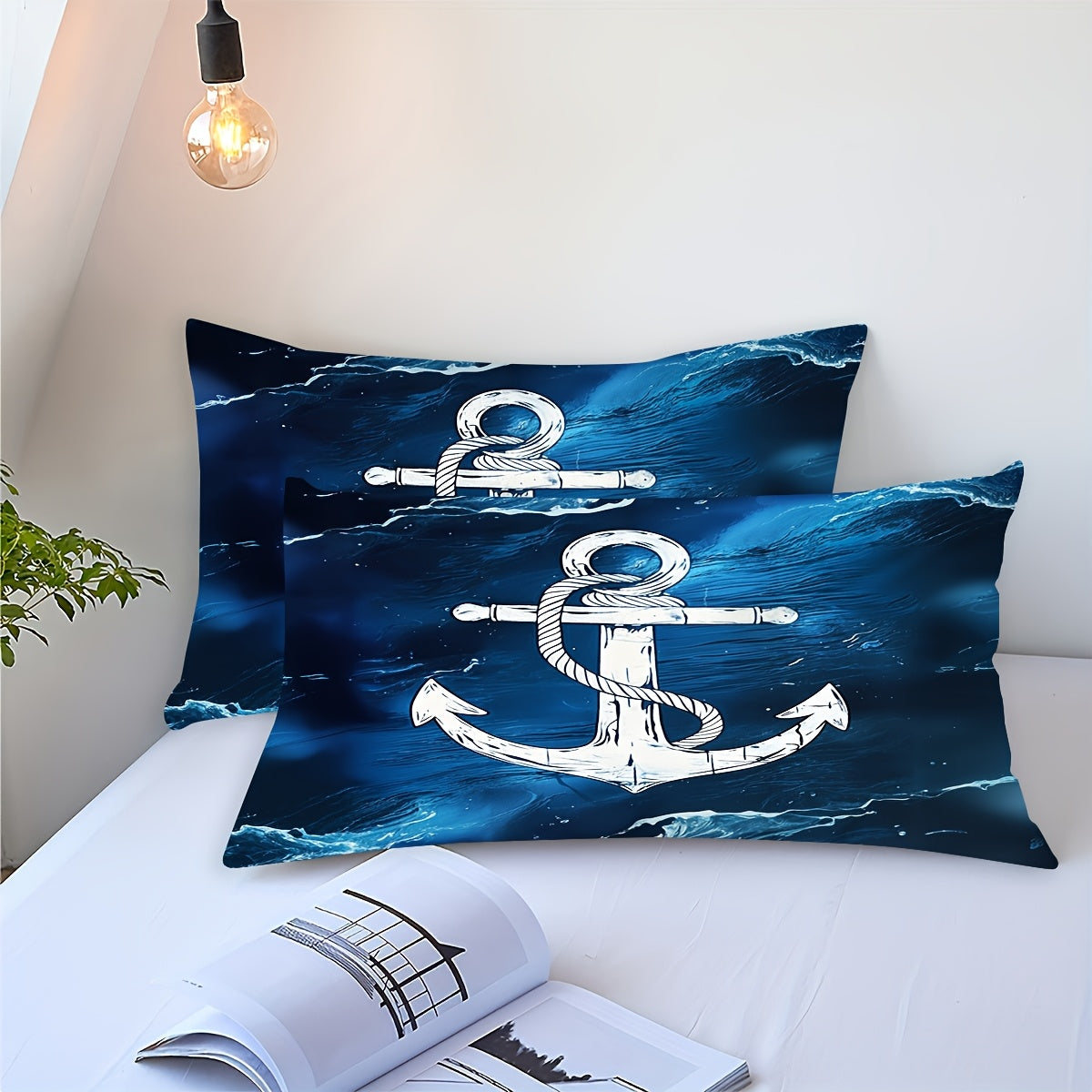 Taie d'oreiller sur la mer ancre blanche et fond bleu