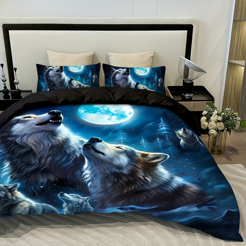 linge de lit loup sur fond bleu sous la lune