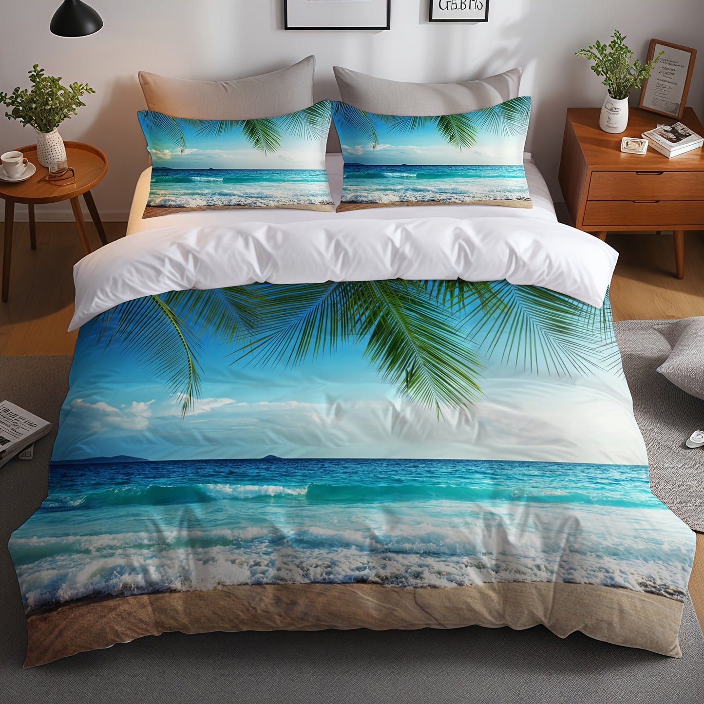 linge de lit paradisiaque avec plage de sable fin et palmier