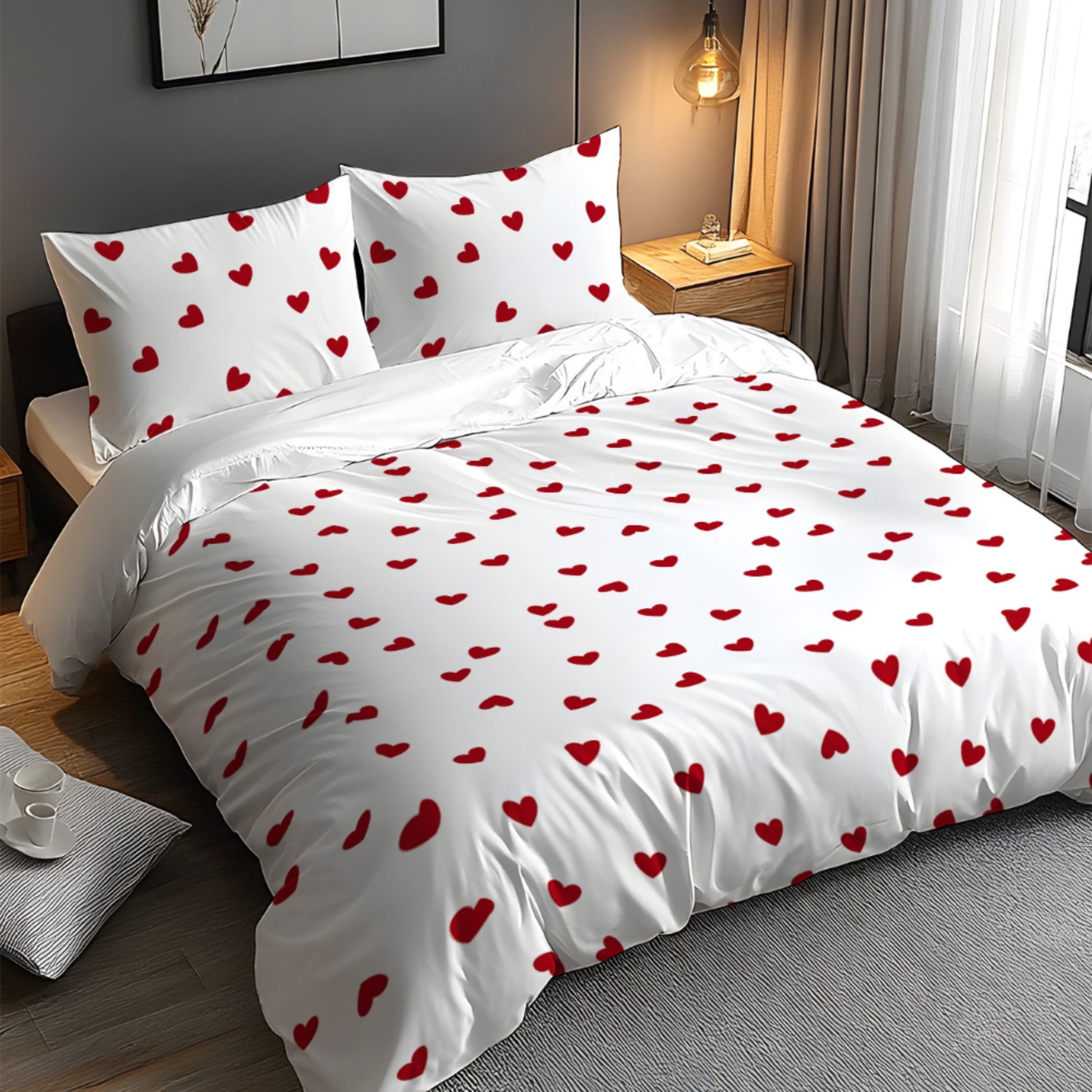 linge de lit romantique avec petits coeurs rouges sur fond blanc