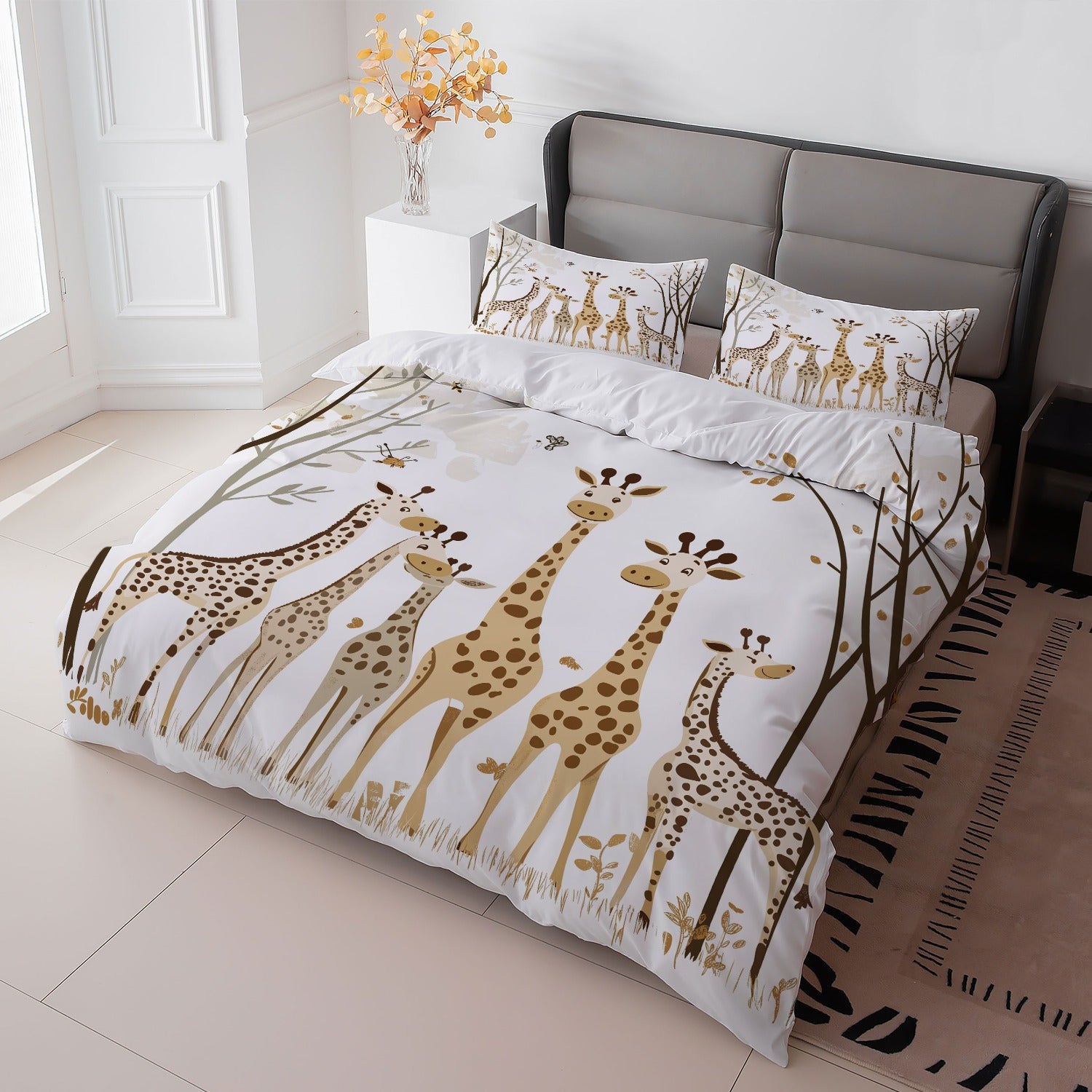 parure de lit girafe maman et papa girafe avec leurs girafons style graphique minimaliste