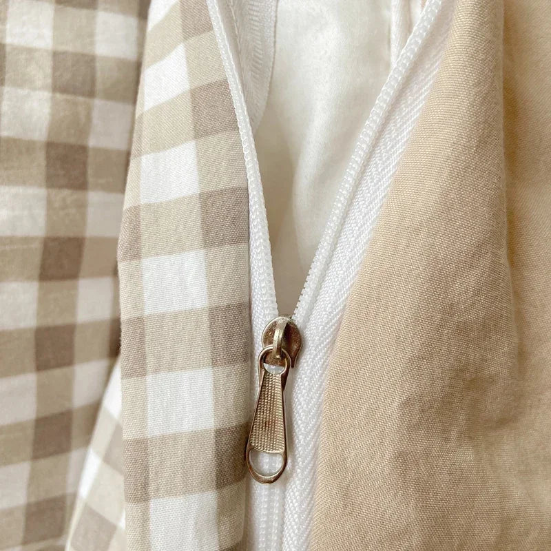 Housse De Couette Cottage Chic En Vichy Beige à fermeture zippée
