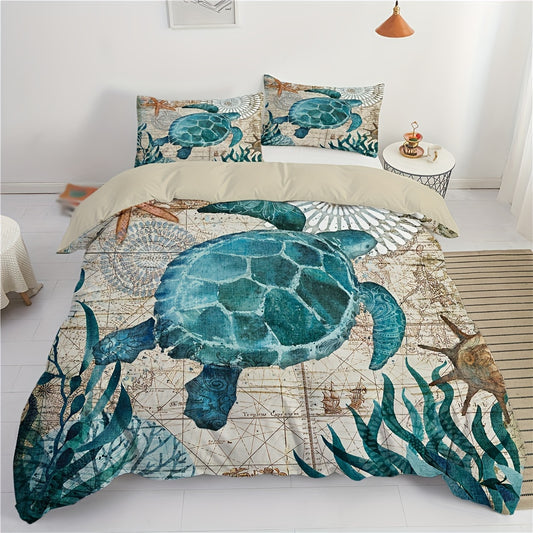 Housse De Couette Sur la mer avec Carte Vintage Et Tortue Marine