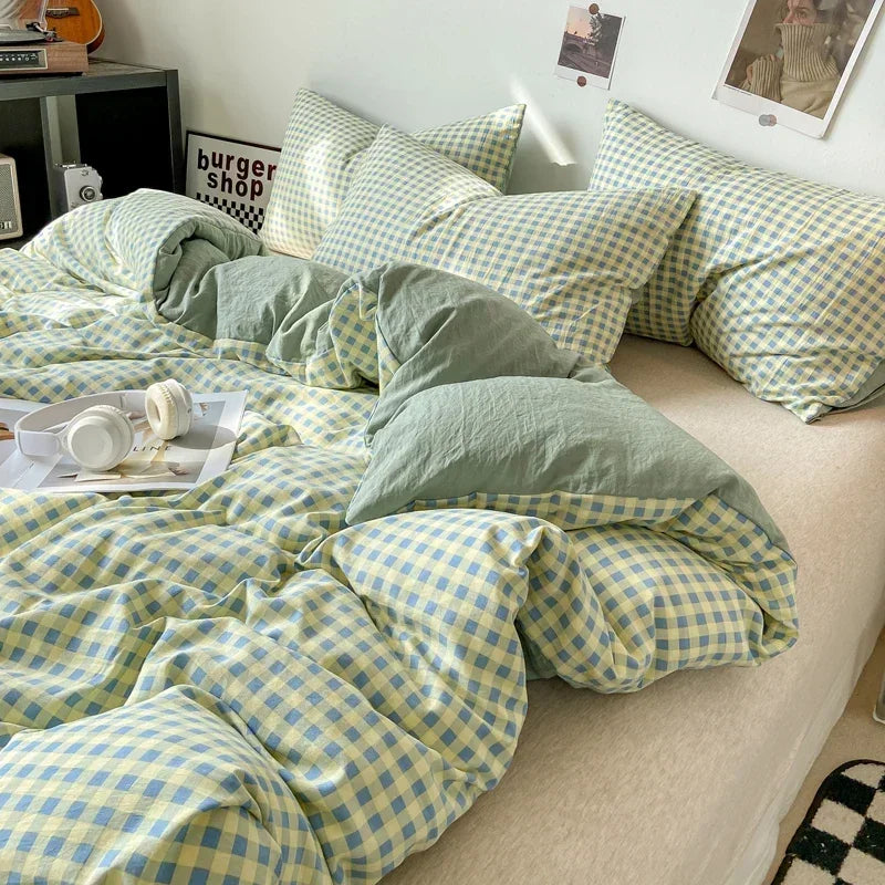 Housse De Couette Vichy Jaune Et Bleu Pastel Microfibre