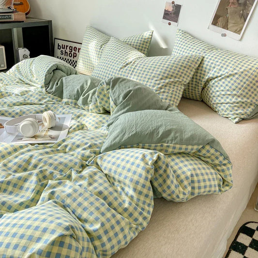 Housse De Couette Vichy Jaune Et Bleu Pastel Microfibre