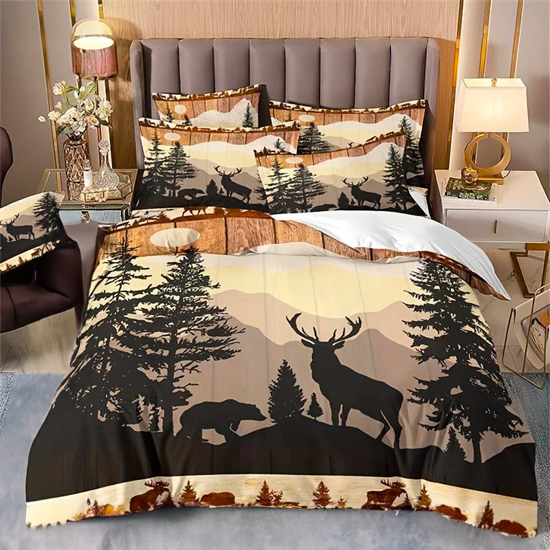 Parure Cerf Et Ours sur fond jaune et beige dans une chambre design